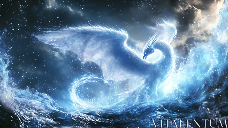 Mythic ice dragon rising from stormy cosmic ocean.