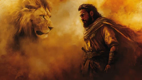 Warrior and lion confront each other in blazing golden dust