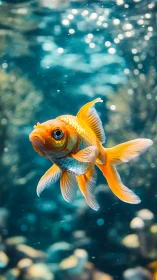 Goldfish suspended in blue aquatic environment underwater.