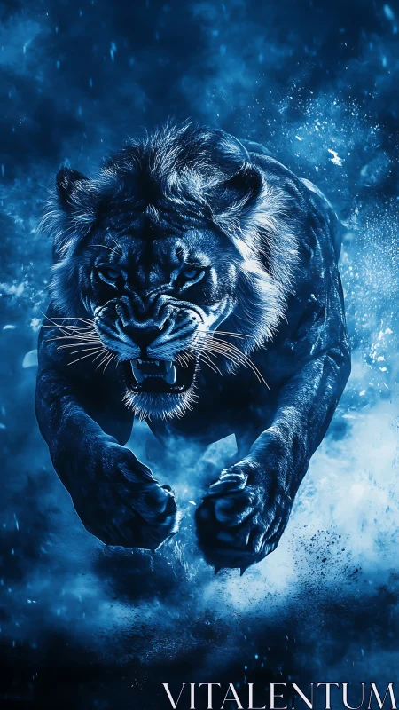Cryogenic Tiger Emergence: Massive Felid Advancing Through Crystalline Blue Atmospheric Field.