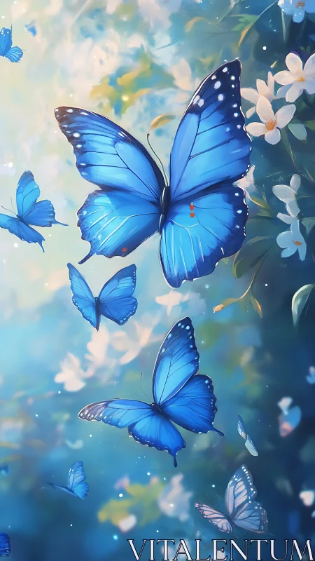 Blue butterflies in soft-focus floral garden setting.