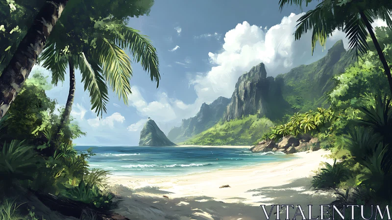 Tropical beach cove with mountainous volcanic peaks and lush vegetation