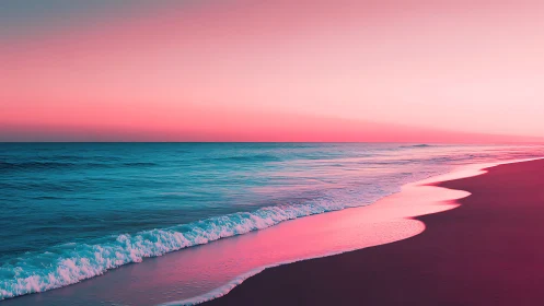 Dreamy pink shoreline where gentle waves meet quiet sand.