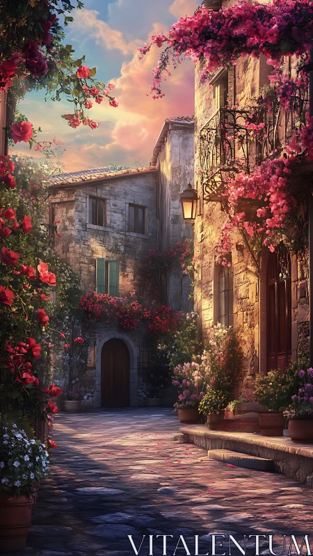 Sunset slips quietly through a flower-draped stone alleyway