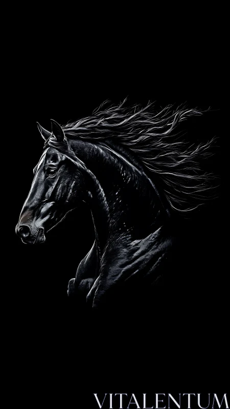 Midnight black stallion running wild in luminous highlights.