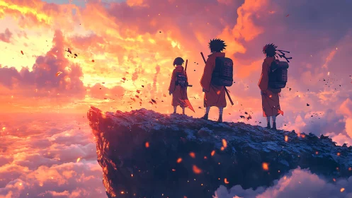 Anime travelers stand on sky cliff at burning sunset horizon