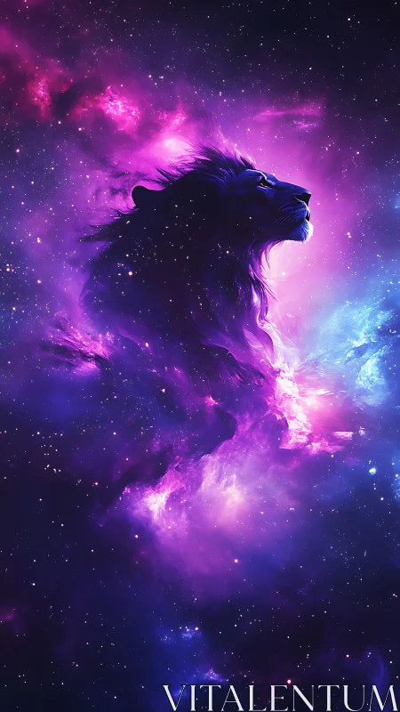 Nebula lion silhouette in luminous violet starfield vision.