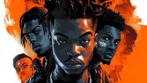 Digital hip-hop portrait ensemble uses bold cyan-orange contrast