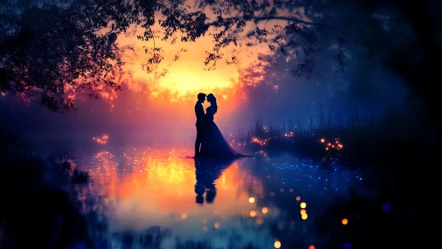 Couple Silhouetted Against Sunset Over Water.