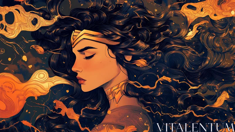 Fire-haired warrior profile framed by swirling molten flow.