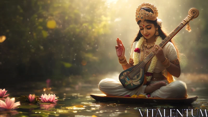 Serene river goddess strums light across lotus dawns.