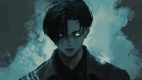 Male figure with glowing eyes in teal atmospheric haze.