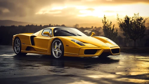 Sunlit yellow supercar lounges over rain-slick asphalt