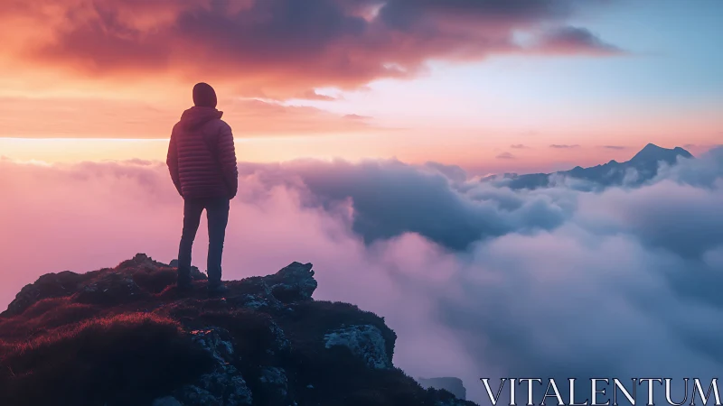 Solitary hiker overlooks glowing cloud sea at sunrise