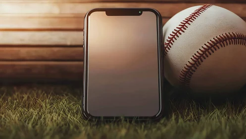 Smartphone leans beside baseball on sunlit field edge