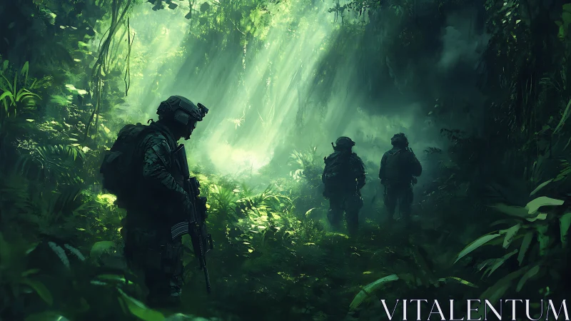 Special forces patrol move through dense sunlit jungle.
