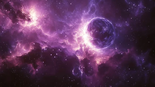 Luminous purple nebula swirls around a glowing alien world