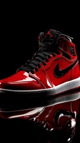 Red and black patent leather basketball shoe stands on reflection