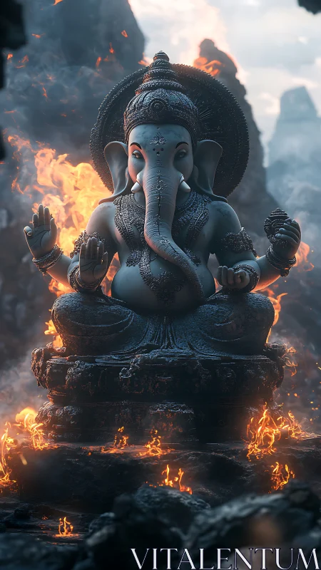 Serene elephant deity statue glowing softly amid firelit rocks.