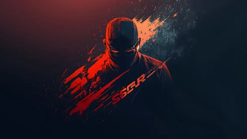 Masked figure rendered in dynamic red splatter strokes on dark field