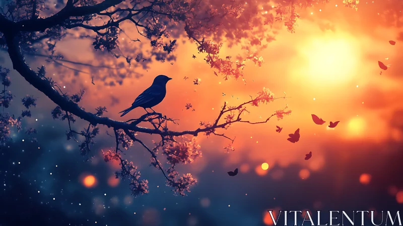 Tranquil Bird Silhouette on Blossom Branch at Vibrant Sunset.