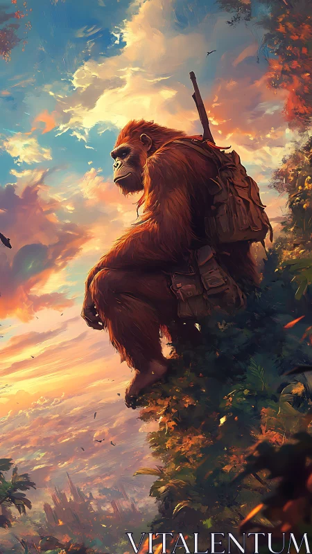Armored orangutan scout surveys posthuman city at sunset