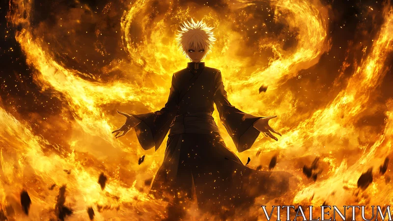 Silhouetted figure in black robe encircled by intense flames.