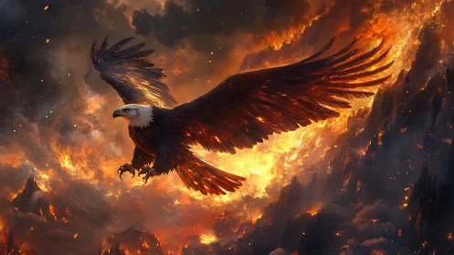 Majestic Bald Eagle Soaring Over Fiery Landscape in Dramatic Art.
