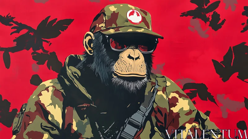 Militarized chimpanzee portrait in tactical camouflage gear.