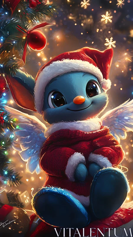 Starry-eyed Christmas creature wrapped in glowing wonder.