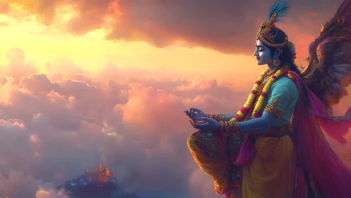 Celestial blue deity meditating in radiant cloud kingdom.