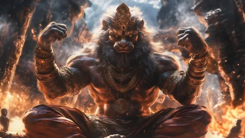 Lion-headed fire god flexing in molten temple ruins.