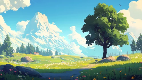Sunlit alpine valley with stylized tree, meadow and snowy peaks