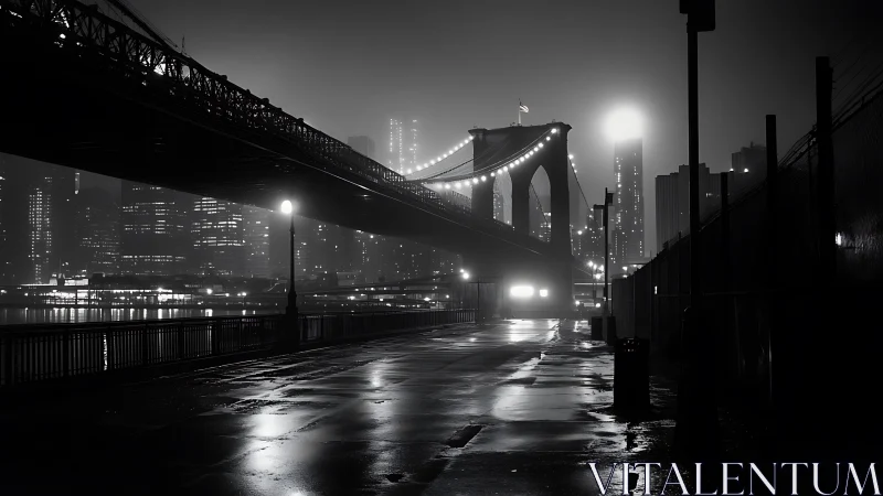Quiet city bridge glowing softly in the misty night.