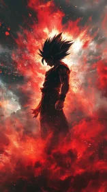 Fiery anime warrior stands shrouded in explosive crimson aura.