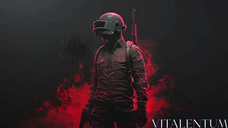 Helmeted tactical soldier with rifle in red glow background.