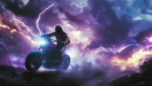 Stormrider motorcycle cuts through neon thundercloud chaos.