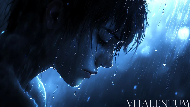 Melancholic profile portrait in blue cinematic downpour.