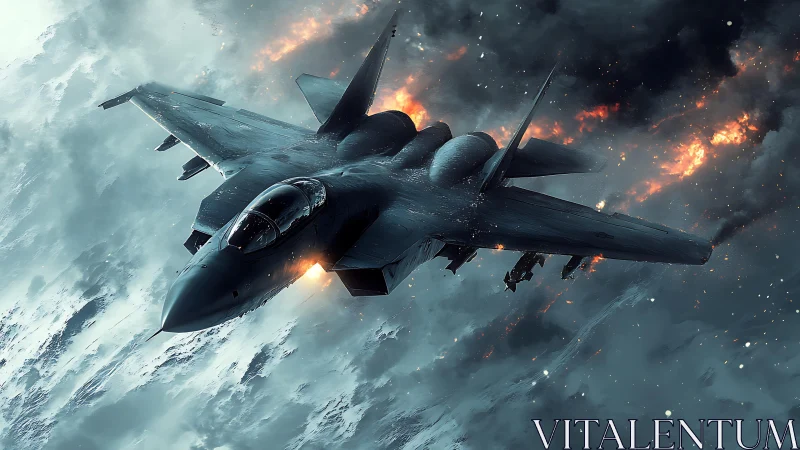 Stealth fighter jet diving past explosions over icy terrain.