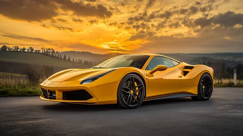 Golden supercar prowls beneath a wildfire country sunset.