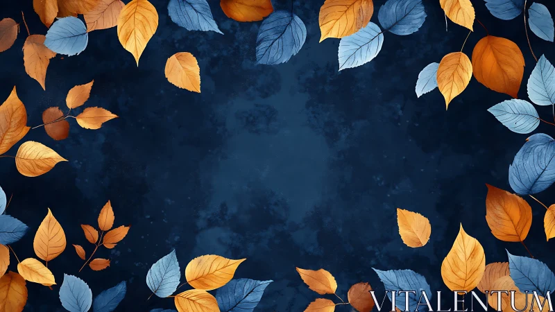 Digital painting autumn foliage frame on deep blue ground.