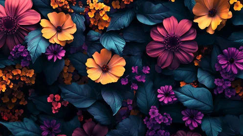 Chromatic Floral Composition: Vibrant Dahlias Against Deep Teal Foliage.