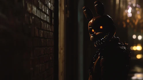 Animatronic rabbit figure in dim urban alleyway at night.