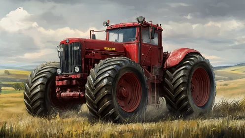 Massive red tractor dominates rolling golden farmlands