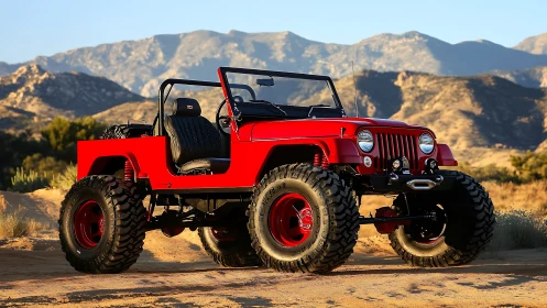 Red off road Jeep with lifted suspension in desert.