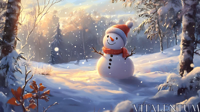 Snowman in glowing winter forest at golden sunrise.