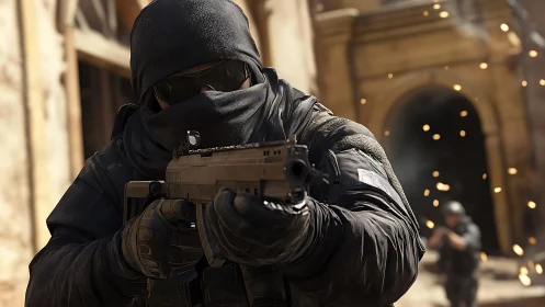 Tactical operator aims carbine amid urban gunfire particle bursts