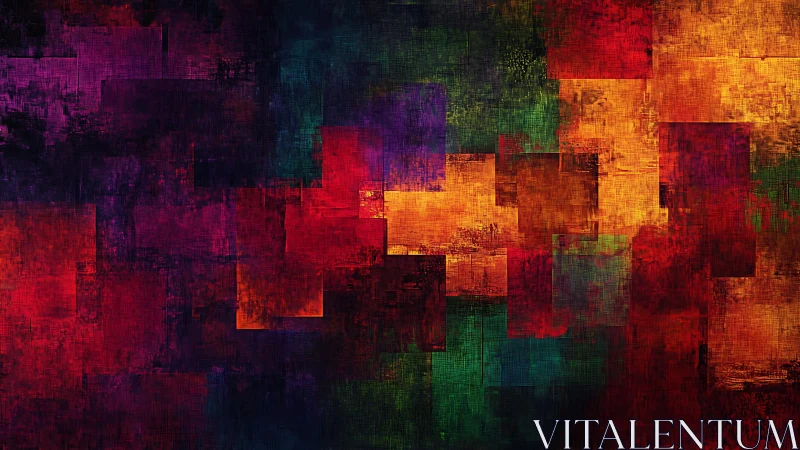 Vivid geometric abstract painting with textured squares and bold colors.