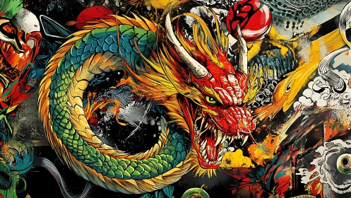 Dynamic coiled dragon graffiti in explosive comic fusion.