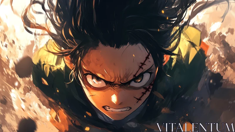 Scarred anime warrior charges through burning debris field.